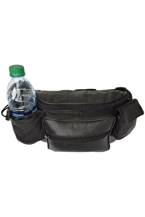New Black Leather FANNY PACK Waist Belt Bag BOTTLE HOLDER Purse Hip Pouch Travel