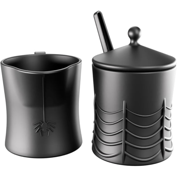 New - Black Spiderweb Sugar and Creamer Set. Ceramic Sugar Bowl with Lid and Spoon, and Creamer Pitcher. Gothic Decor, Perfect for Goth Lovers, Includes Spider-Embossed Design