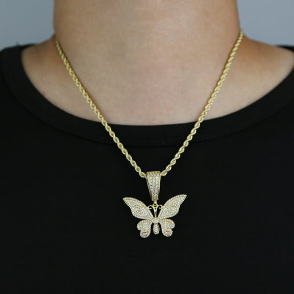 New Bling Butterfly 14K Yellow Gold Pendant Necklace Iced Out Gold Silver Color AAA Cubic Zircon Animal Charm Men's Women Hip Hop Rock Jewelry