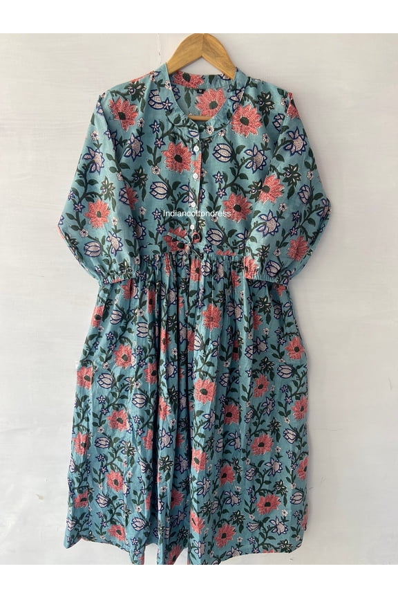 New Block Wood Floral Dress, Humming Dress,Summer Dress,Handblock Dress,Block print Dress,Dresses For Woman,Button Dress,Pocket Dress,Indian