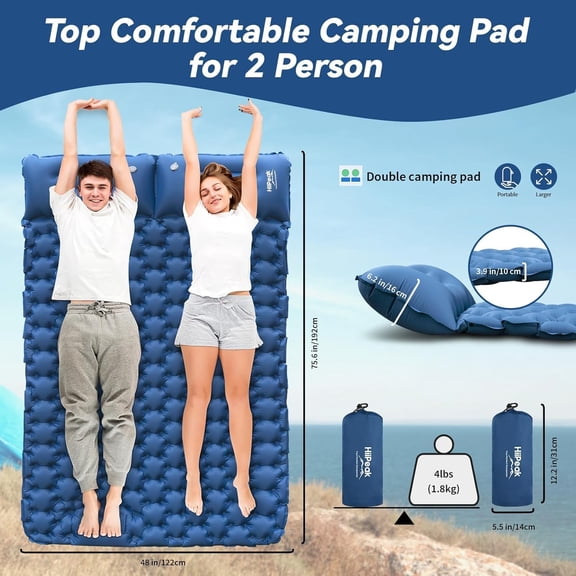 New Blue Double Sleeping Pad for Camping - Ultralight Inflatable Sleeping Mat with Built-in Foot Pump, Upgraded Compact Camping Air Mattress for Tent, Backpacking, Hiking