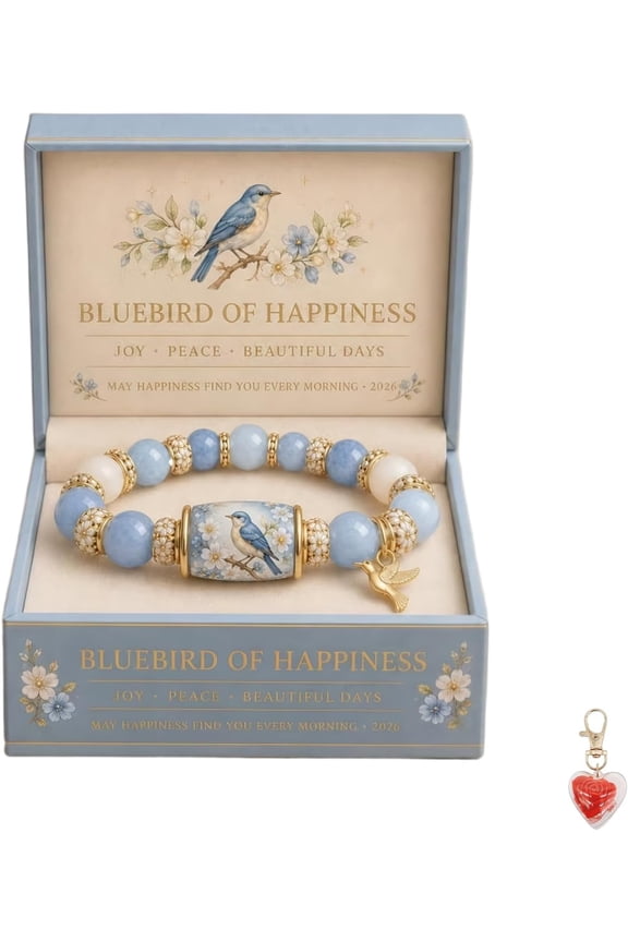 New Bluebird Blessings Bracelet with Gift Box, Blue & White Beaded Stretch Bracelet with Gold Bluebird Charm, Inspirational Gift for Women, Mom, Friends