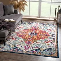New Bodrum Oriental, Persian, Traditional Living Room, Bedroom Area Rug - Colorful Floral Medallion Carpet - Vintage Distressed - Orange, Red, Purple, Dark Blue - 5'3" x 7'3"