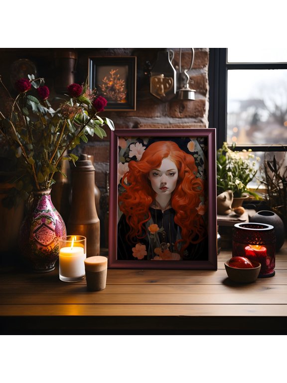 New Boho Chic Woman Poster, Dark Romantic Wall Art Magical Fall Decoration Romantic Goth Girl Portrait Black Flower Girl Dress, Poster Only
