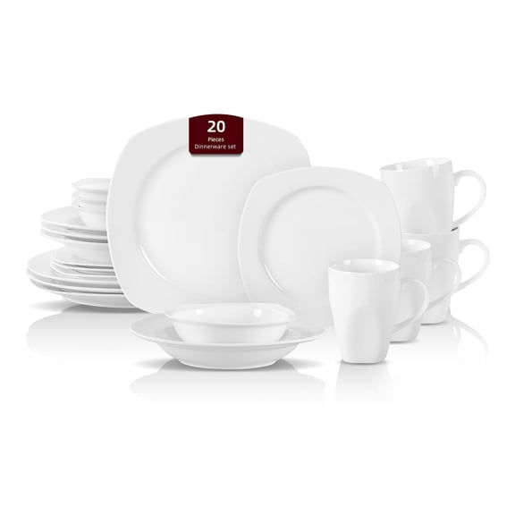 New Bone China Dinnerware Set, Coupe Square Shape, 20pc Set