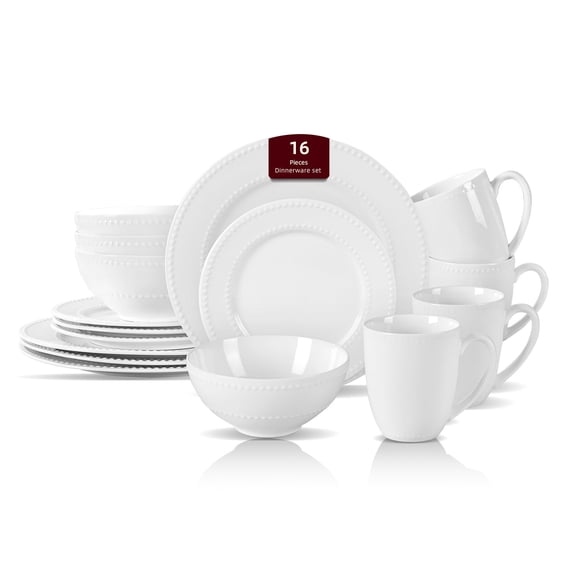 New Bone China Dinnerware Set, Embossed Pearl Design, 16pc Set