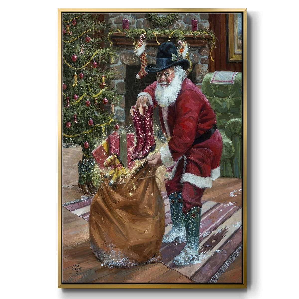 New Boots for Christmas - Framed Gallery Wrapped Holiday Canvas - 25 x 37 - Gold Frame