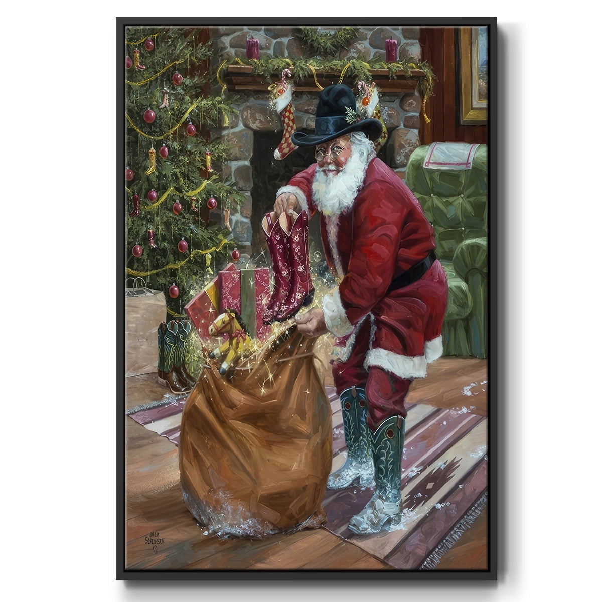 New Boots for Christmas - Framed Gallery Wrapped Holiday Canvas - 27 x 41 - Black Frame
