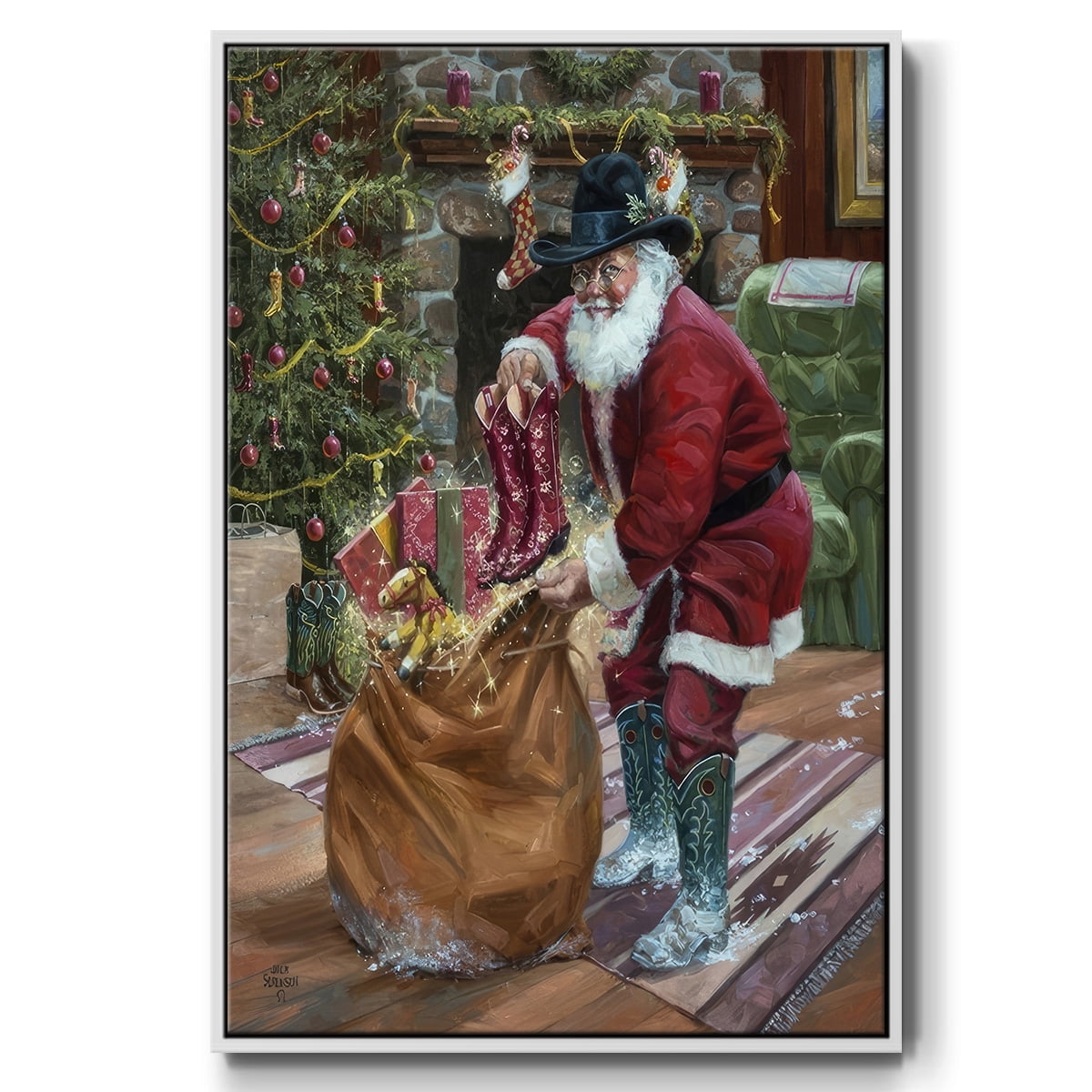 New Boots for Christmas - Framed Gallery Wrapped Holiday Canvas - 27 x 41 - White Frame