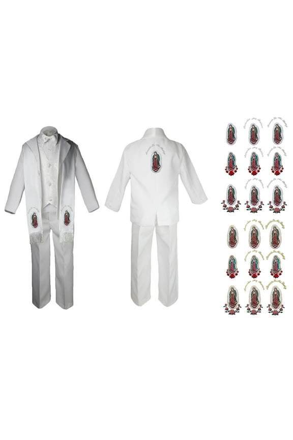 New Born Baby Boy Christening Baptism Formal White Paisley Suit Silver Mary on Stole & Back SM-20