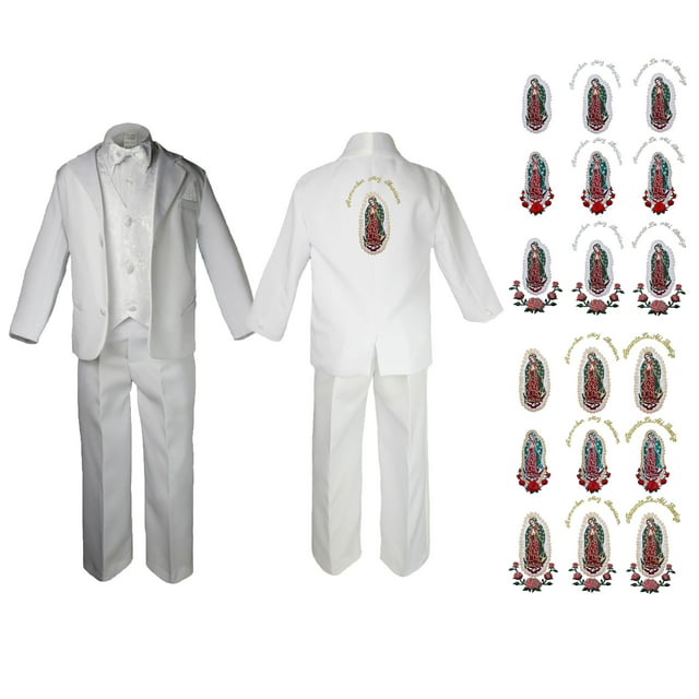 New Born Baby Boy Teen Christening Baptism Communion Formal White Paisley Suit Silver or Gold Guadalupe on Back SM-20