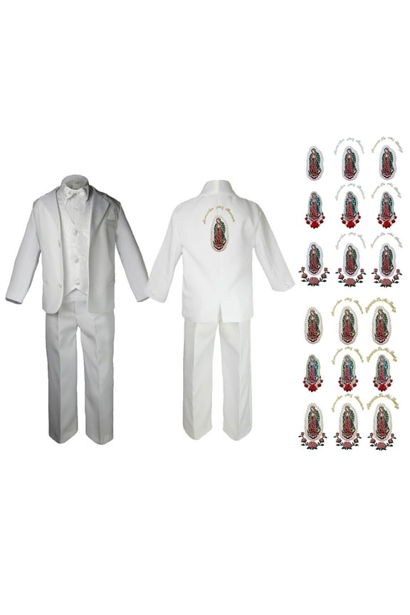 New Born Baby Boy Teen Christening Baptism Communion Formal White Paisley Suit Silver or Gold Guadalupe on Back SM-20