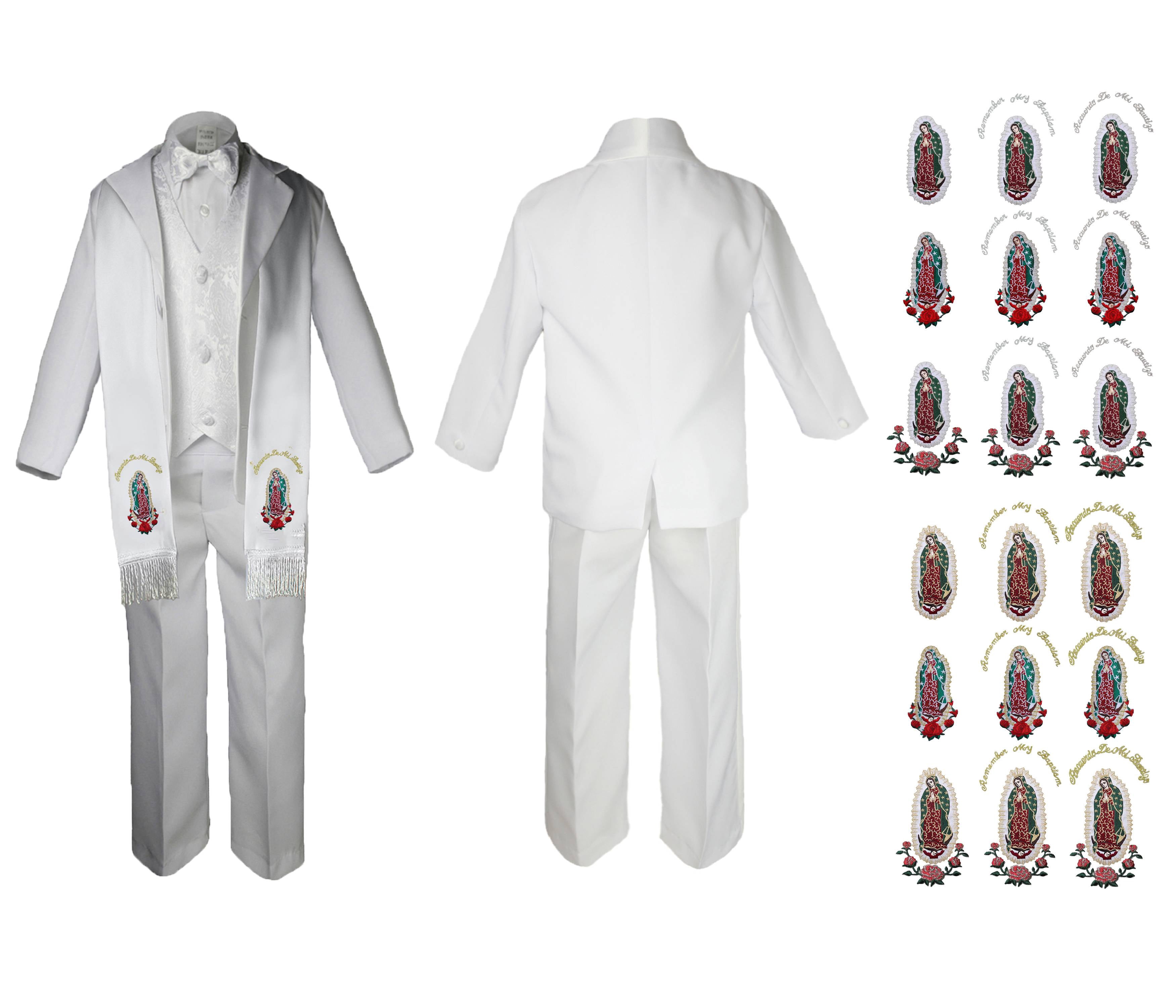 New Born Baby Boy Teen Christening Baptism Formal White Paisley Suit Silver Gold Maria Guadalupe on Stole SM-20