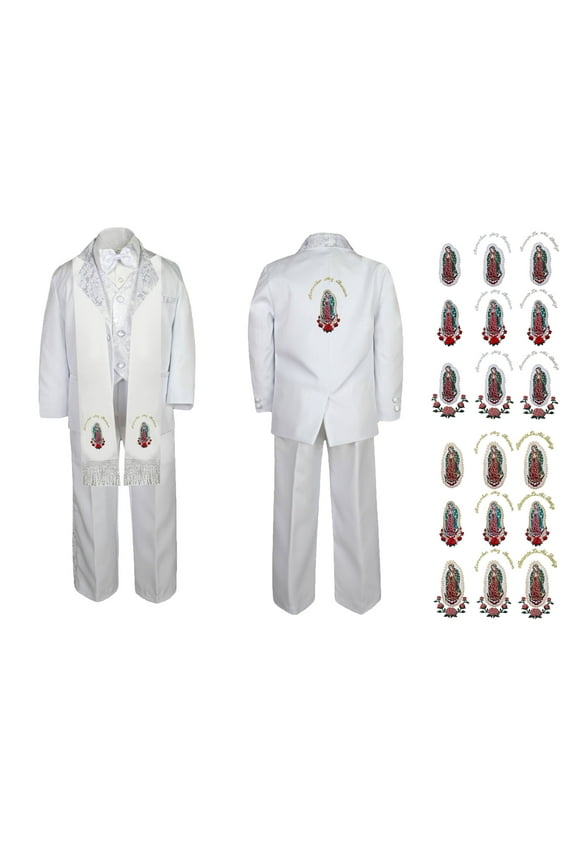 New Born Baby Boy Teen Christening Baptism Formal White Paisley Suit Silver Gold Patch on Stole & Back SM-20