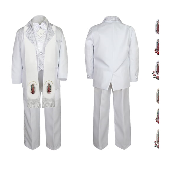 New Born Baby Boy Teen Christening Baptism Formal White Paisley Suit Silver Gold Patch on Stole SM-20