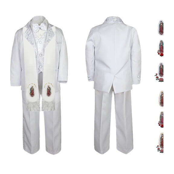 New Born Baby Boy Teen Christening Baptism Formal White Paisley Suit Silver Gold Patch on Stole SM-20