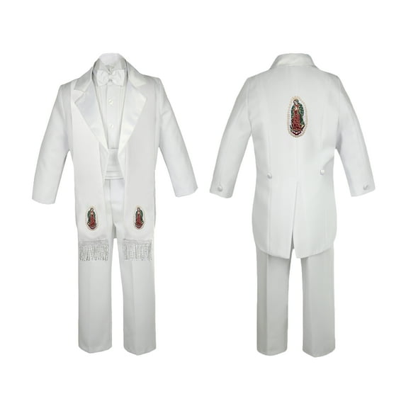 New Born Baby Boy Teen Christening Baptism Formal White Tail Suit Silver Virgin Mary On Stole & Back SM-20