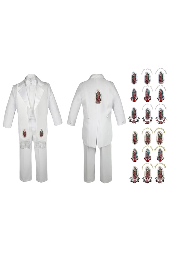 New Born Baby Boy Teen Christening Baptism Formal White Tail Suit Silver Virgin Mary On Stole & Back SM-20
