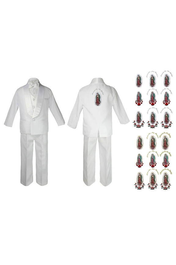 New Born Baby Boy Teen Christening Communion Formal White Paisley Suit Silver or Gold Guadalupe Virgin Mary Maria On Back SM-20