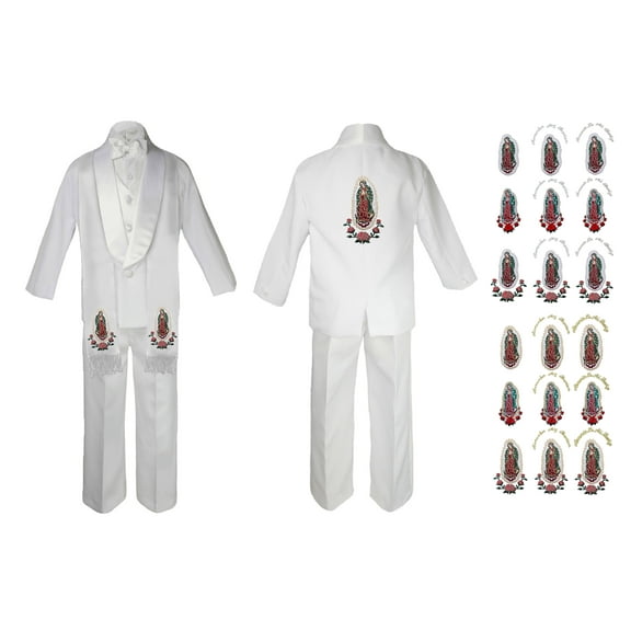New Born Baby Boy Teen Christening Communion Formal White Paisley Suit Silver or Gold Guadalupe Virgin Mary Maria On Stole & Back SM-20