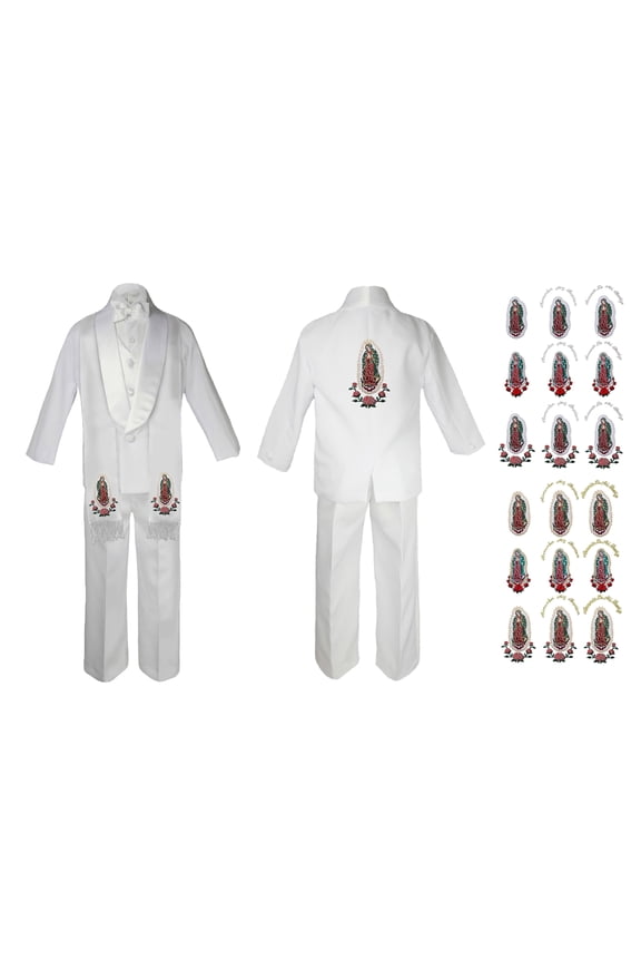New Born Baby Boy Teen Christening Communion Formal White Paisley Suit Silver or Gold Guadalupe Virgin Mary Maria On Stole & Back SM-20