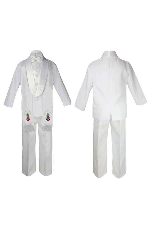 New Born Baby Boy Teen Christening Communion Formal White Paisley Suit Silver or Gold Guadalupe Virgin Mary Maria On Stole SM-20