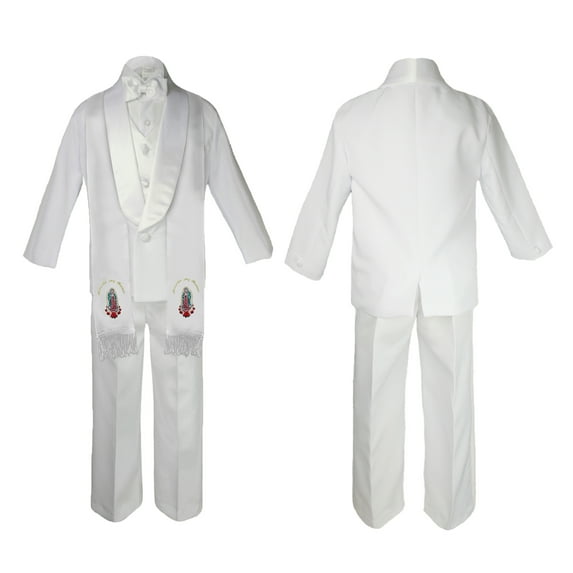 New Born Baby Boy Teen Christening Communion Formal White Paisley Suit Silver or Gold Guadalupe Virgin Mary Maria On Stole SM-20