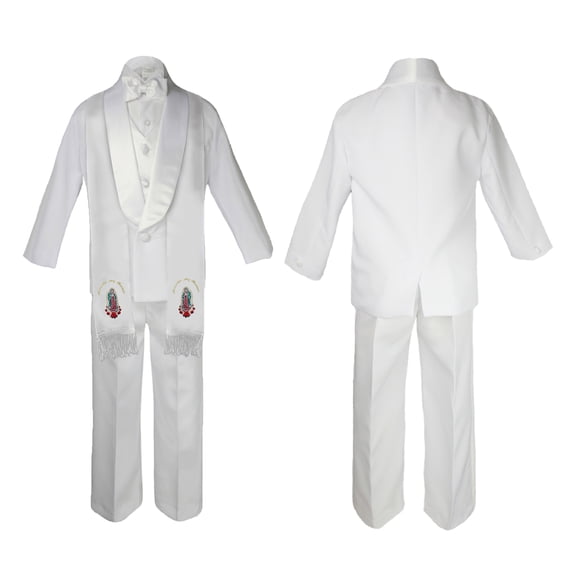 New Born Baby Boy Teen Christening Communion Formal White Paisley Suit Silver or Gold Guadalupe Virgin Mary Maria On Stole SM-20
