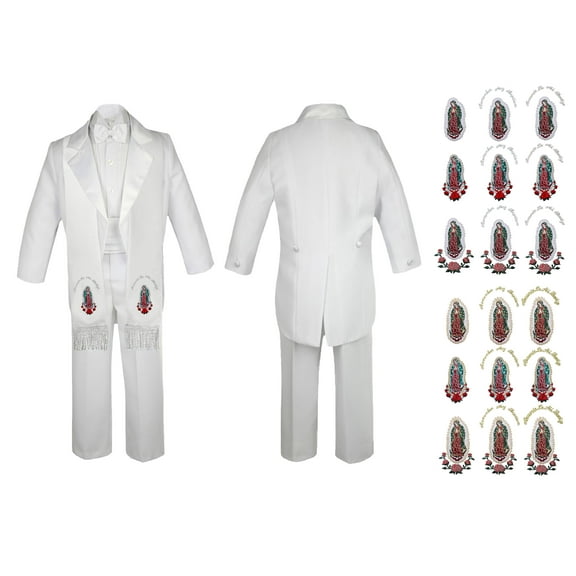 New Born Baby Boy Teen Christening Formal White Tail Suit Silver Virgin Mary Guadalupe Maria On Stole SM-20