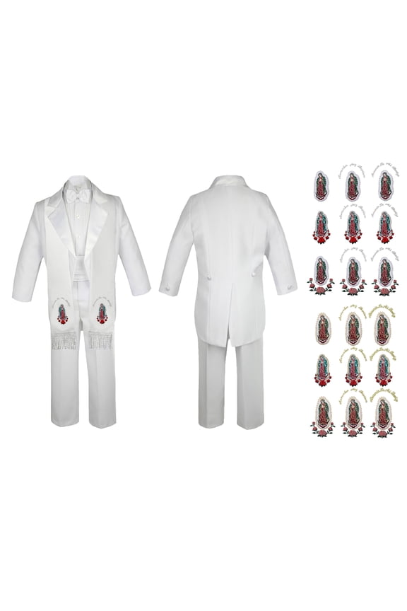 New Born Baby Boy Teen Christening Formal White Tail Suit Silver Virgin Mary Guadalupe Maria On Stole SM-20