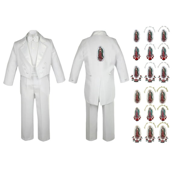 New Born Baby Boy Teen Christening Formal White Tail Suit Silver Virgin Mary On Back SM-20