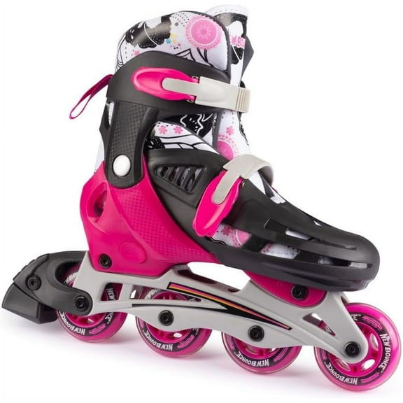 New-Bounce Inline Skates for Girls and Boys - Outdoor Adjustable Roller Skates for Boys Ages 8-12 for Beginners & Advanced Great for Kids & Teens | Pink