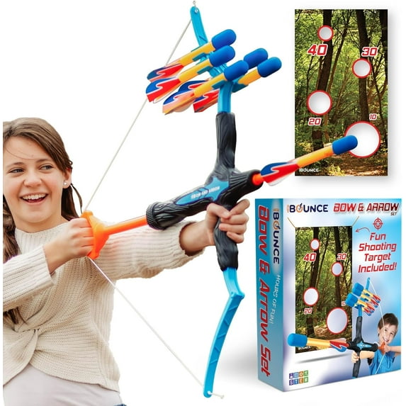 New Bounce Bow and Arrow Set for Kids, Toddler Archery Set with Target Poster, Foam Rocket Arrows, Outdoor Bow and Arrow Toy Gift for Ages 8–12