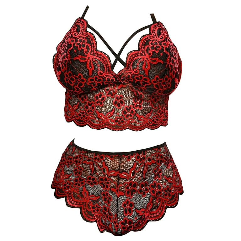 New Bra Set for Women Fashion Lace Lingerie Hook Flower Hollow Underwear  Sleepwear Two Piece Set Red M