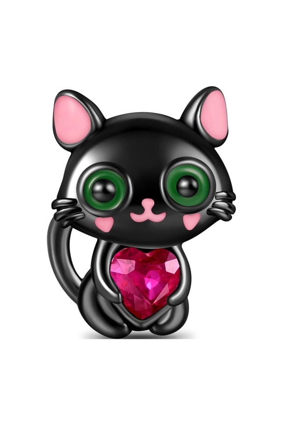 Black, Pink Heart Stone Charm, Sterling Silver Charm