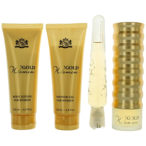 New Brand Gold , 4 Pc Gift Set 3.3oz EDP Spray, 0.5oz EDP Spray, 4.3oz Shower Gel, 4.3oz Body Lotion