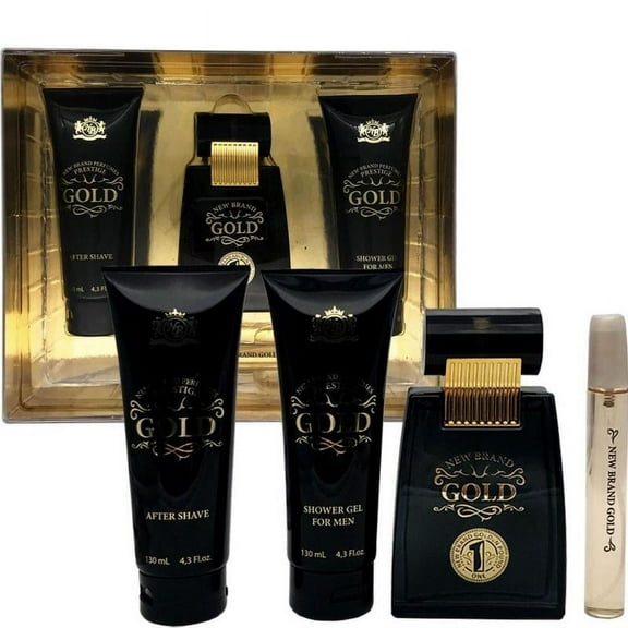 New Brand Gold , 4 Pc Gift Set 3.3oz EDT Spray, 4.3oz Shower Gel, 4.3oz After Shave, 0.5oz EDT Spray