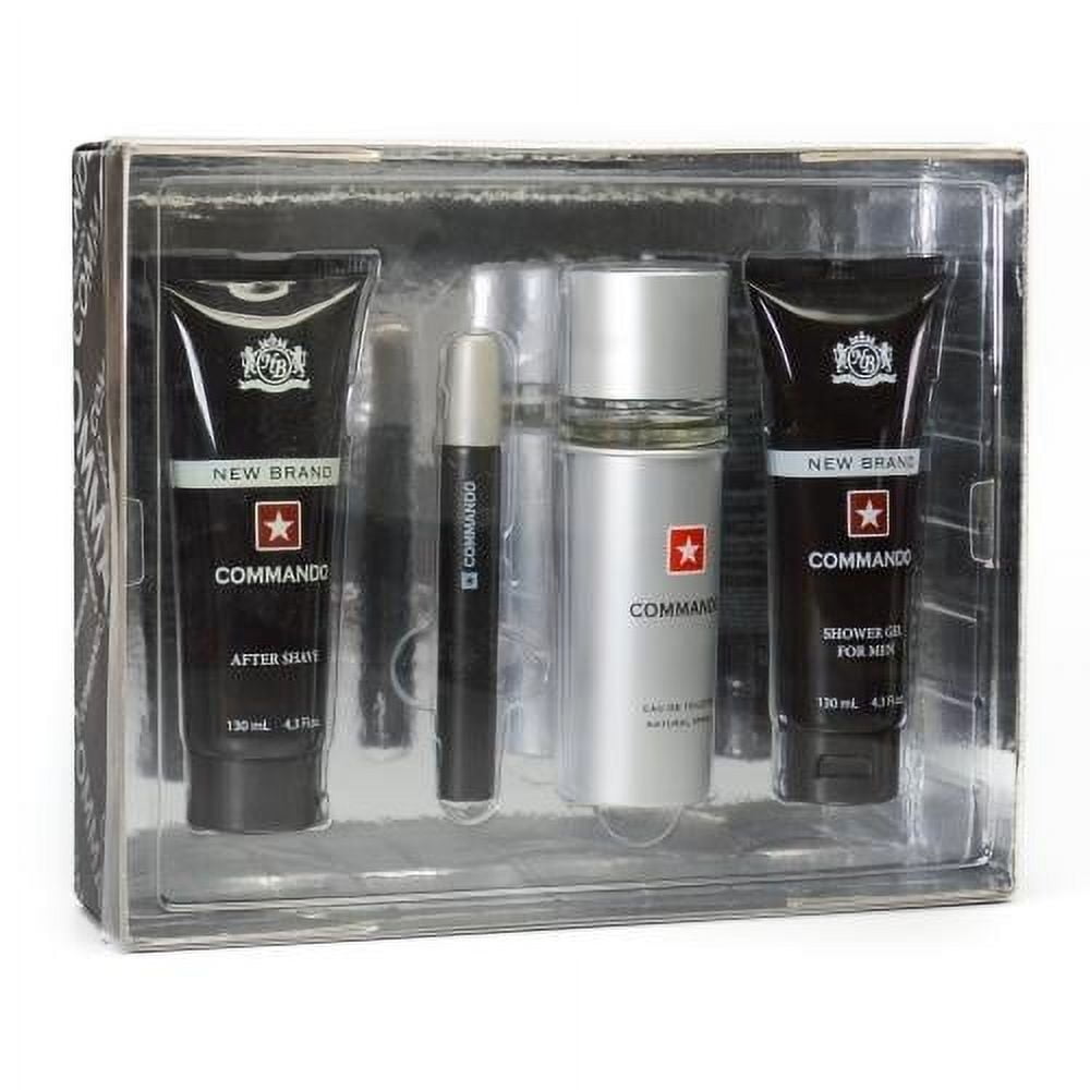 New Brand Prestige Commando , 4 Pc Gift Set 3.3oz EDT Spray, 0.5oz EDT Spray, 4.3oz Shower Gel, 4.3oz After Shave