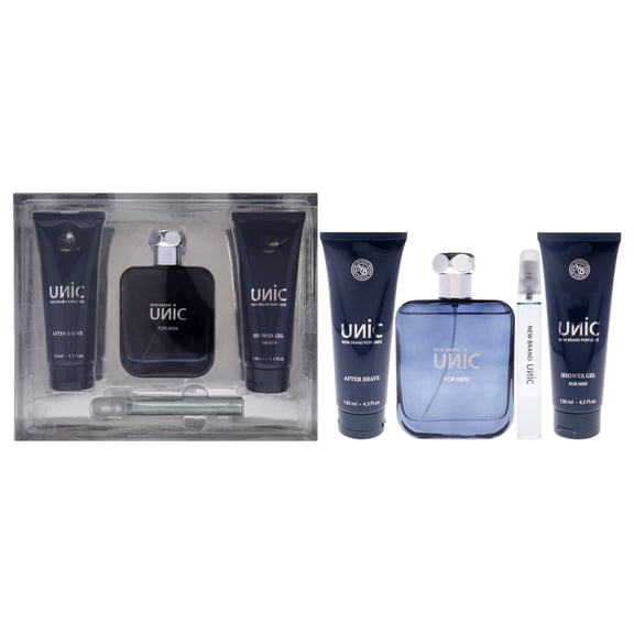 New Brand Unic , 4 Pc Gift Set 3.3oz EDT Spray, 0.5oz EDT Spray, 4.3oz Shower Gel, 4.3oz After Shave