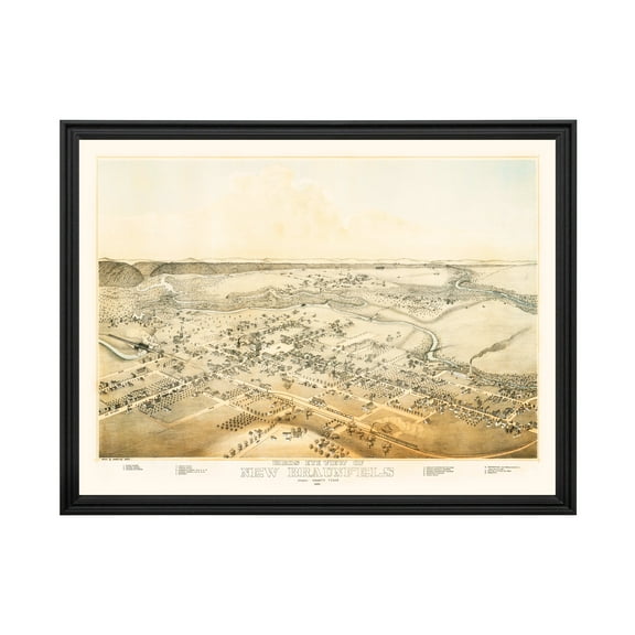 New Braunfels Art, 1881 Vintage Map of New Braunfels Texas, TX History Wall Decor Gift, Old New Braunfels Map - 24" x 18" Black Framed Print