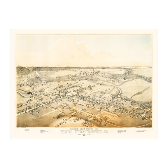 New Braunfels Art, 1881 Vintage Map of New Braunfels Texas, TX History Wall Decor Gift, Old New Braunfels Map - 36" x 24" Unframed Print