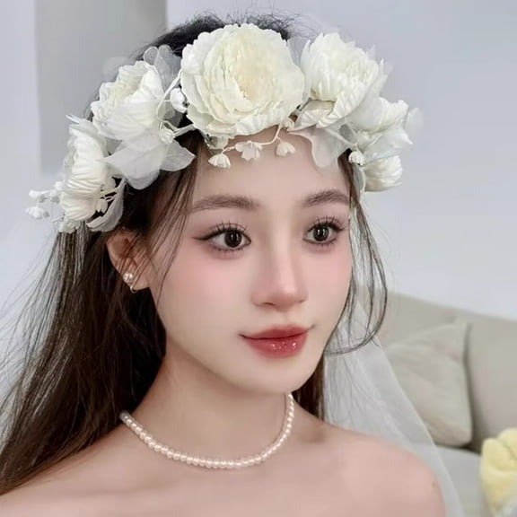 New Bridal Flower Crown Simple White Floral Headband Wedding Veil Accessories for Bride