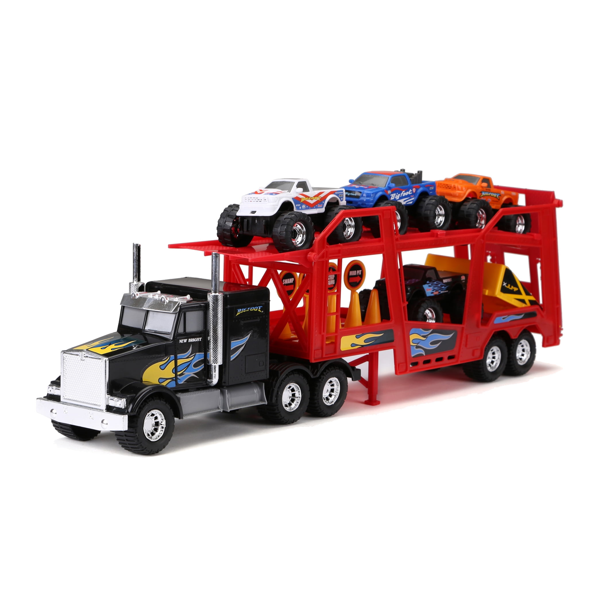 Toy stork truck carrying 4 colored cars 