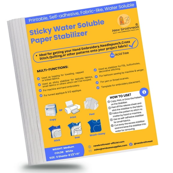 New Brothread Sticky Water Soluble Printable Paper Stabilizer, 6 Pieces