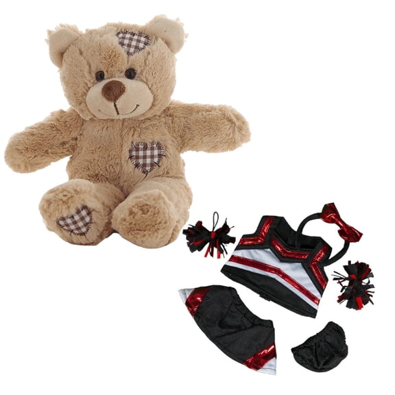 New Brown Bear Stuffed Toy with Heart Patches in Metallic Red & Black Cheerleader Uniform - Cheer Bow and Pompoms Included - 8-Inch Cute Cheerleading Stuffed Animal Gift for Kids