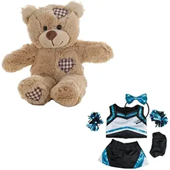 New Brown Bear Stuffed Toy with Heart Patches in Metallic Teal & Black Cheerleader Uniform - Cheer Bow and Pompoms Included - 8 Inch Cute Cheerleading Stuffed Animal Gift for Kids