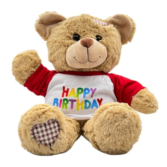 New Brown Patches Bear Plush Toy In Happy Birthday T-Shirt with Red Sleeves - 8 Inch Bear Stuffed Animal, Cute & Soft Cuddly Birthday Teddy Bear, Gift for Kids, Birthday Decor, Party Favor