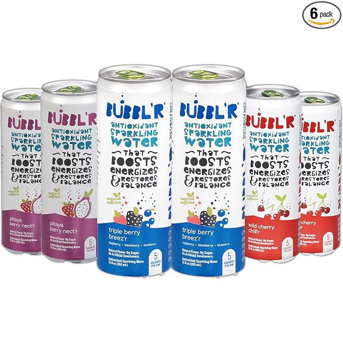 New Bubblr Antioxidant Sparkling Water - Triple Berry Breez'r, Pitaya Berry Nect'r, Wild Cherry Chill'r - Variety Pack, 0 Suger, 69 Mg Caffine, Sparkling Water 12 Fl Oz (Pack Of 6)