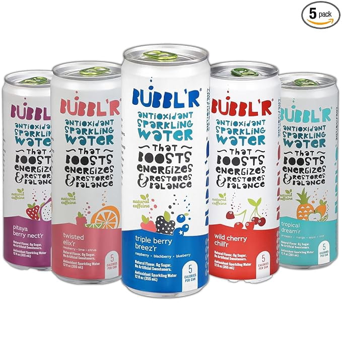 New Bubblr Antioxidant Sparkling Water - Triple Berry Breez'r, Tropical Dream'r, Twisted Elix'r, Pitaya Berry Nect'r, Wild Cherry Chill'r - Variety Pack, 0 Suger, 69 Mg Caffine, r 12 Fl