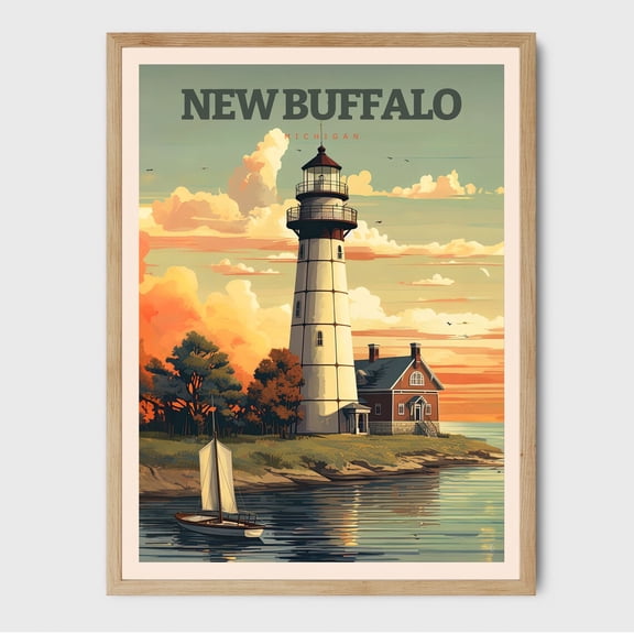 New Buffalo Michigan Lighthouse Print Ocean Beach House Decor